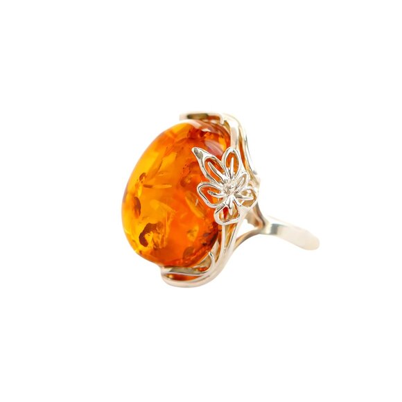 Baltic Amber Lotus Flower Adjustable Ring in s925